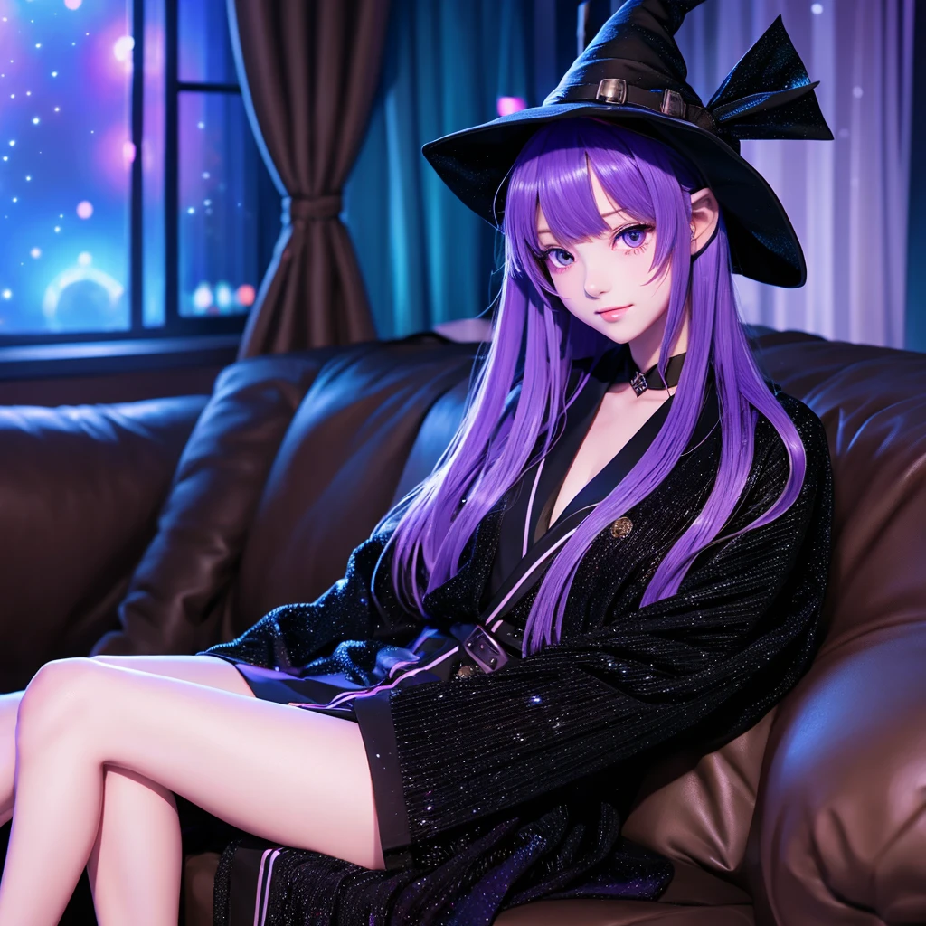 anime girl long purple hair wearing a black Robe. she has pointy ears. Witch Hat. Manga kawaii. iridescent ,An illustration, Sit on the sofa, (no background)