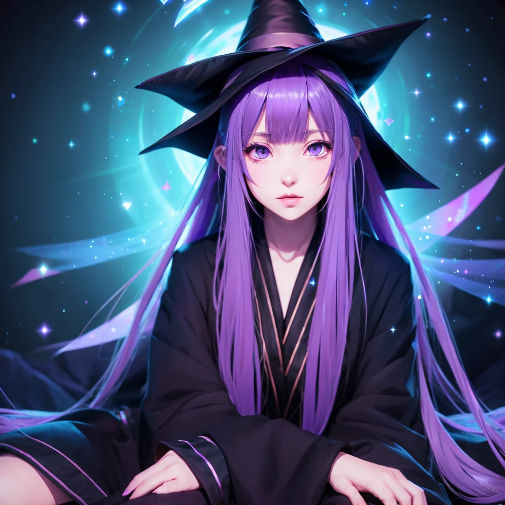 anime girl long purple hair wearing a black Robe. she has pointy ears. Witch Hat. Manga kawaii. iridescent ,An illustration, Sit on the sofa, (no background)