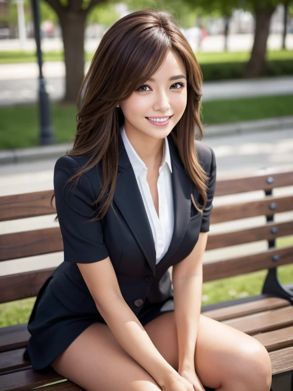 Tabletop, Highest quality, Realistic, Very detailed, finely, High resolution, 8k wallpaper, 1. Beautiful Women,, Light brown messy hair, Wearing a business suit, Short harp focus, Perfect dynamic composition, finelyて美しい目, Thin Hair, Detailed and Realistic skin texture, smile,  Model Body Type、Beautiful legs、Fresh green park bench、smile、