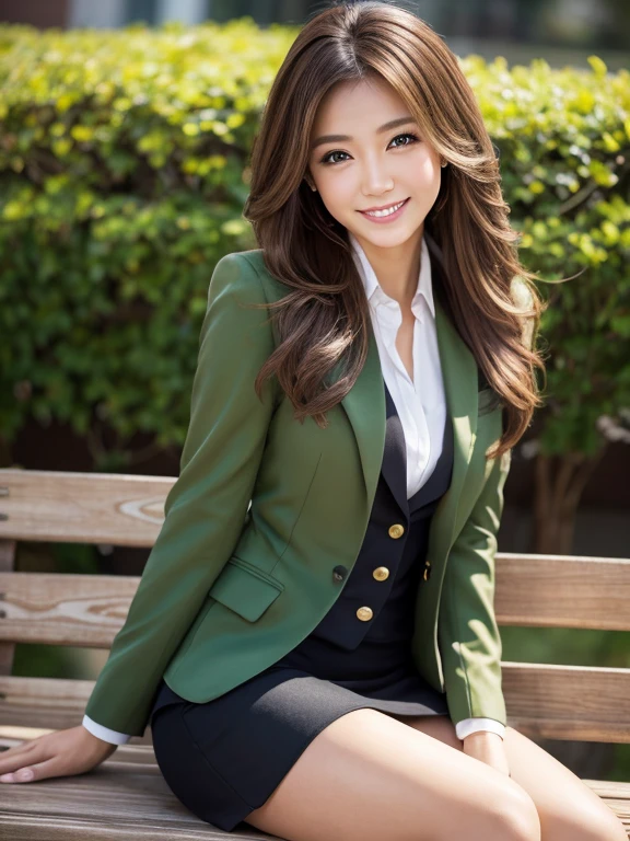 Tabletop, Highest quality, Realistic, Very detailed, finely, High resolution, 8k wallpaper, 1. Beautiful Women,, Light brown messy hair, Wearing a business suit, Short harp focus, Perfect dynamic composition, finelyて美しい目, Thin Hair, Detailed and Realistic skin texture, smile, Model Body Type、Beautiful legs、Fresh green park bench、smile、
