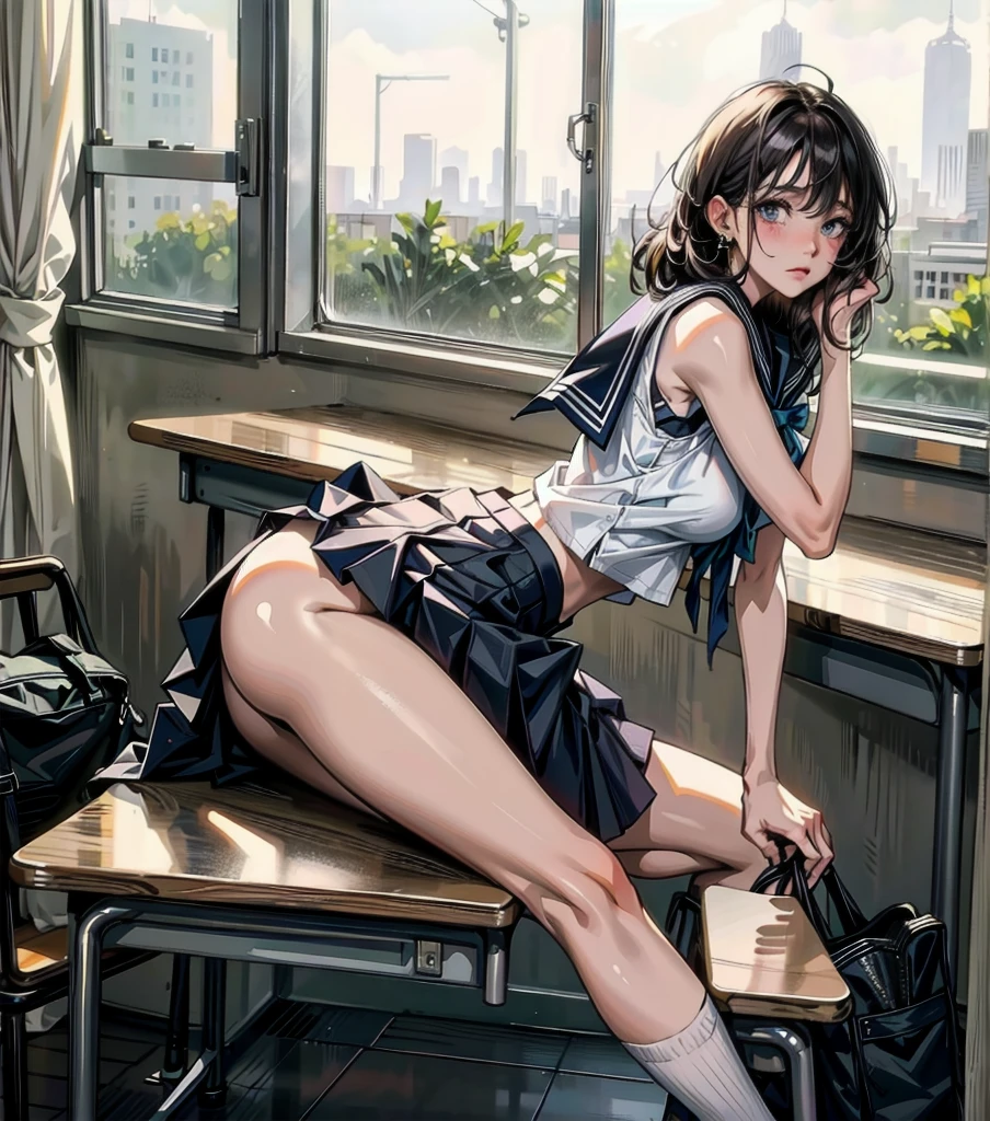 full body, earring, medium hair, medium tits, tearful mole, school_uniform, sailor uniform, sleeveless, school, classroom,