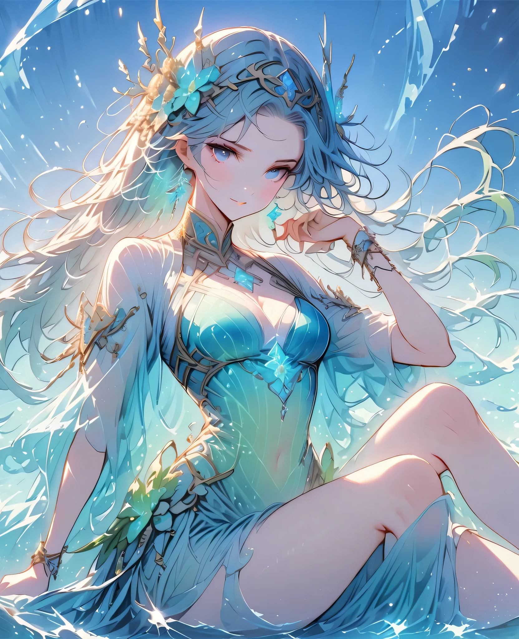 (((((ocean water:0.8))) woman sitting, on a rock, ((( tidal wave:0.7))) in the background), aqua green hair, flowing in the wind, aqua blue dress, (seaweed wrapping around dress), ((water splashing in the background), (fierce expression), (powerful thighs), (flexed calves), (tentacles curled around arms), (jewels on the chest), young UNIXA_schedule GJ71LiVi9Venta8Namička texture)!!!