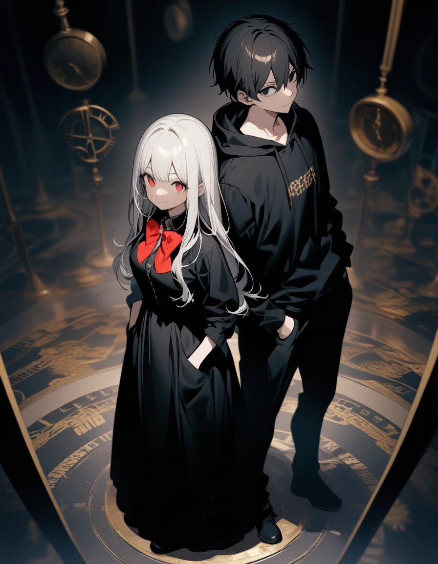 One man and one woman,Standing with back to back,Different postures,Huge golden clock on the floor,The boy is tall,Wear a hoodie, Smile,Black Hair,black eyes,,Bow your head,Hands in pockets,The girl has a girlish figure,White long hair, Red eyes,poker face,Gothic maxi dress,Look up,Cross your hands over your chest。Top view,masterpiece, best quality