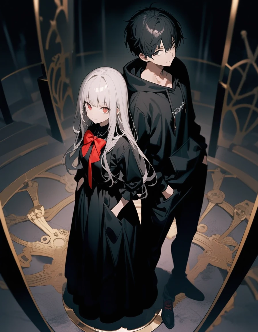 One man and one woman,Standing with back to back,Different postures,Huge golden clock on the floor,The boy is tall,Wear a hoodie, Smile,Black Hair,black eyes,,Bow your head,Hands in pockets,The girl has a girlish figure,White long hair, Red eyes,poker face,Gothic maxi dress,Look up,Cross your hands over your chest。Top view,masterpiece, best quality