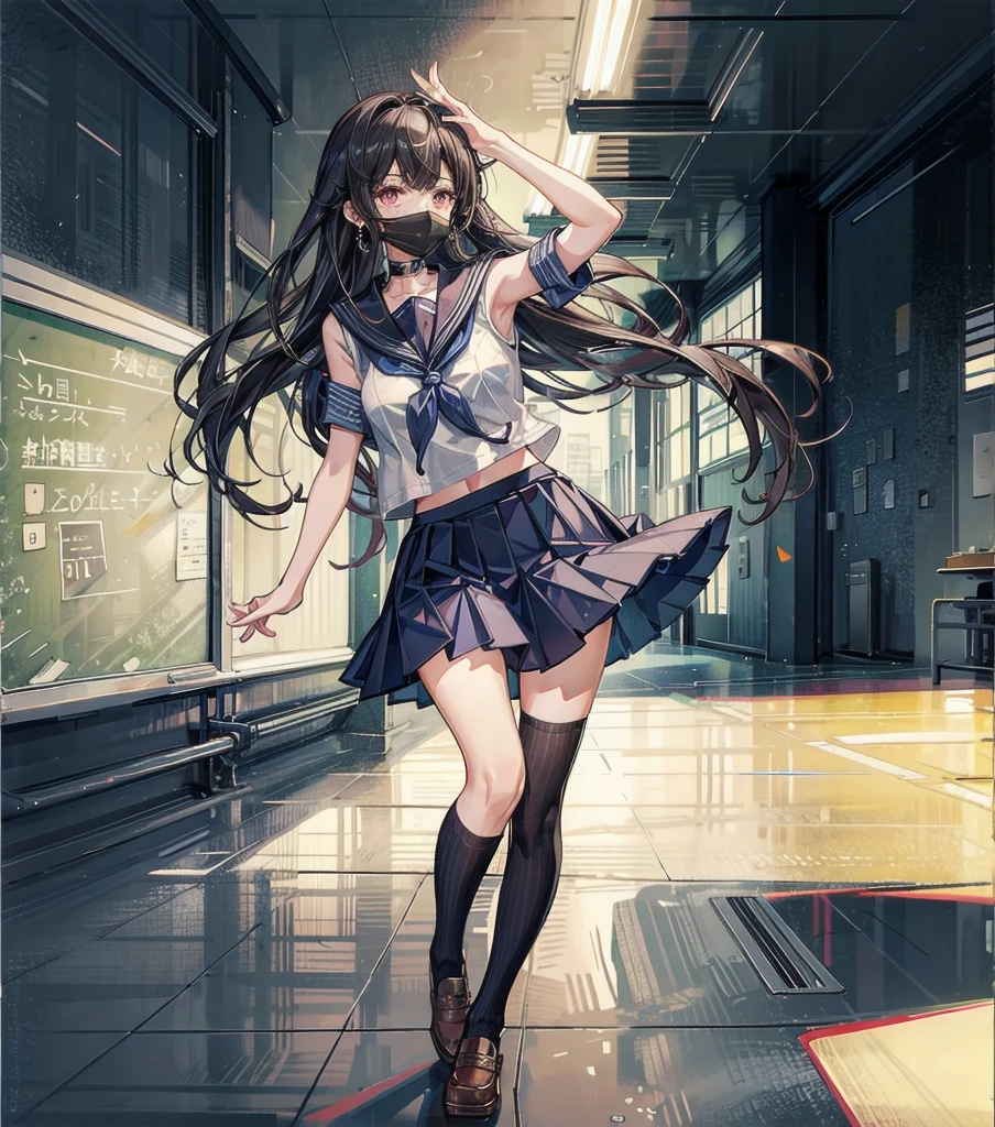 full body, earring, medium hair, medium tits, tearful mole, school_uniform, sailor uniform, sleeveless, school, classroom,