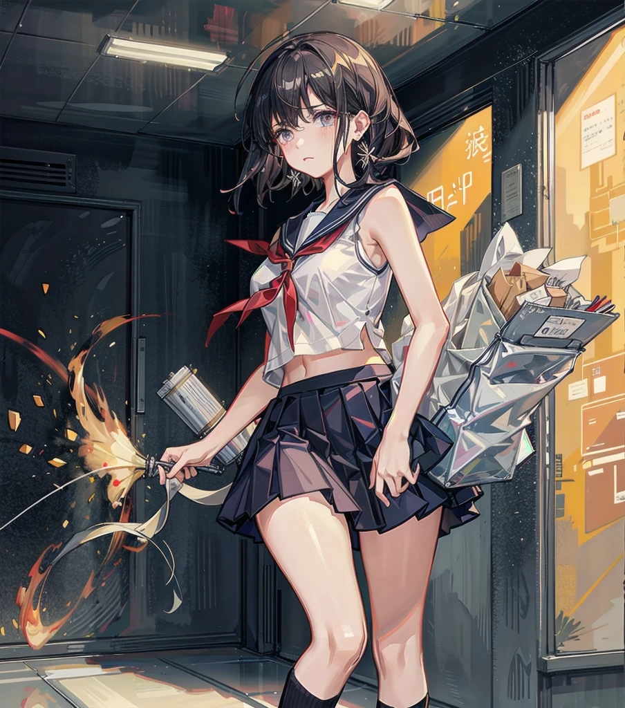 full body, earring, medium hair, medium , tearful mole, school_uniform, sailor uniform, sleeveless, school, classroom,