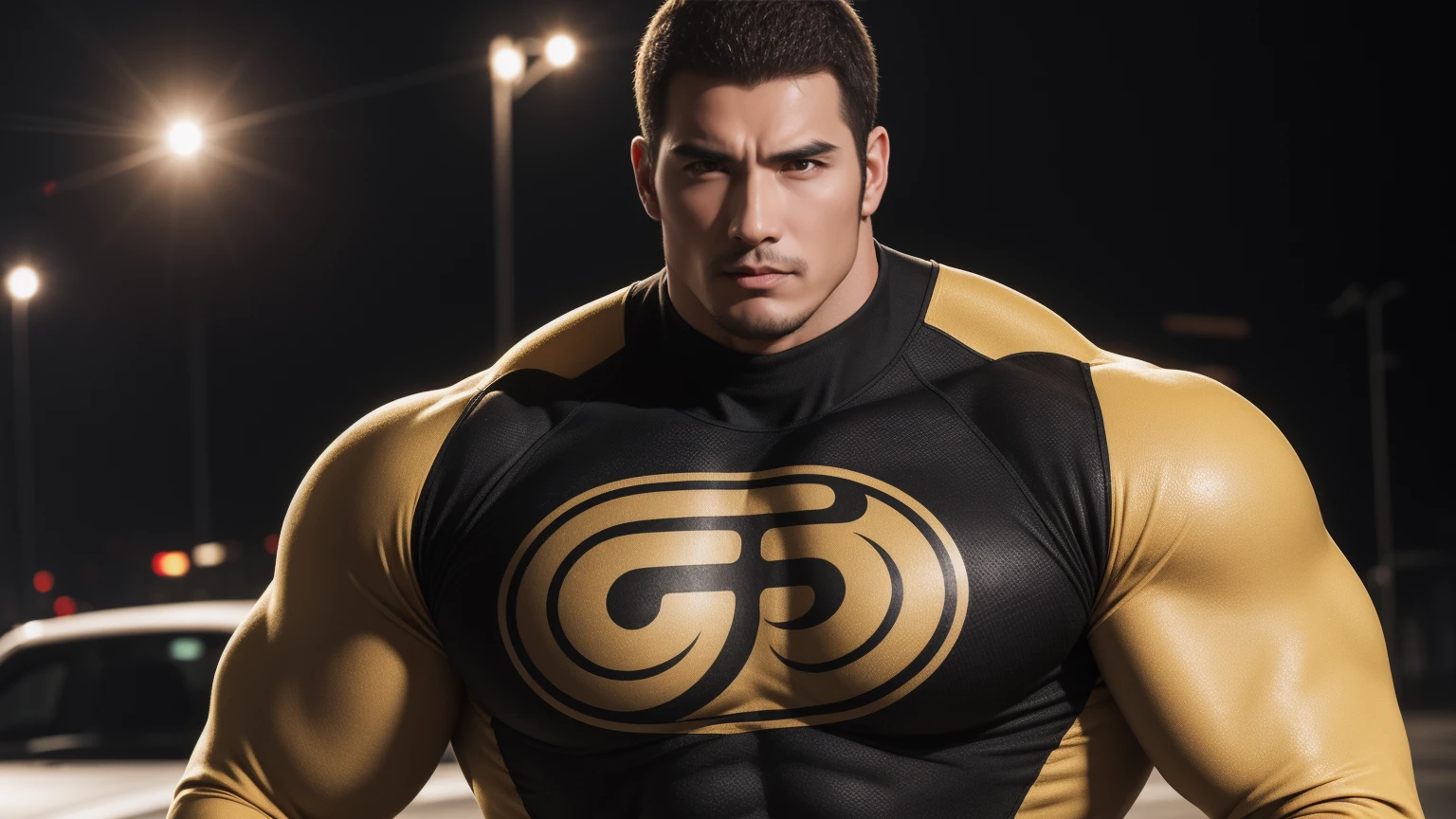 Super muscular man hugging, Sad eyes,Wear sunglasses,They embrace affectionately,short hair,On a vintage outdoor street under the hot sun, Wear long sleeves, Deep turtleneck bodysuit, Thickened warm elastic texture,The clothes are dirty,There are mud stains,Looks sad, Thick thighs, messy hair, Thick thighs, High target-necked long-sleeved dark yellow high-necked tights, very tight, Regular symmetrical pattern, High targetlight muscles, Police uniform pants, character concept(Resident Evil - chris redfield, chris redfield)A proud expression, Deep and charming eyes, Valiant male pose, tall Burly, muscular!muscular thighs, Tough Guy, Perfect facial features, High target, Burly, Heqiang, Super exquisite and cool, High target Resolution Committee, Attractive, The sun is blazing, Dazzling