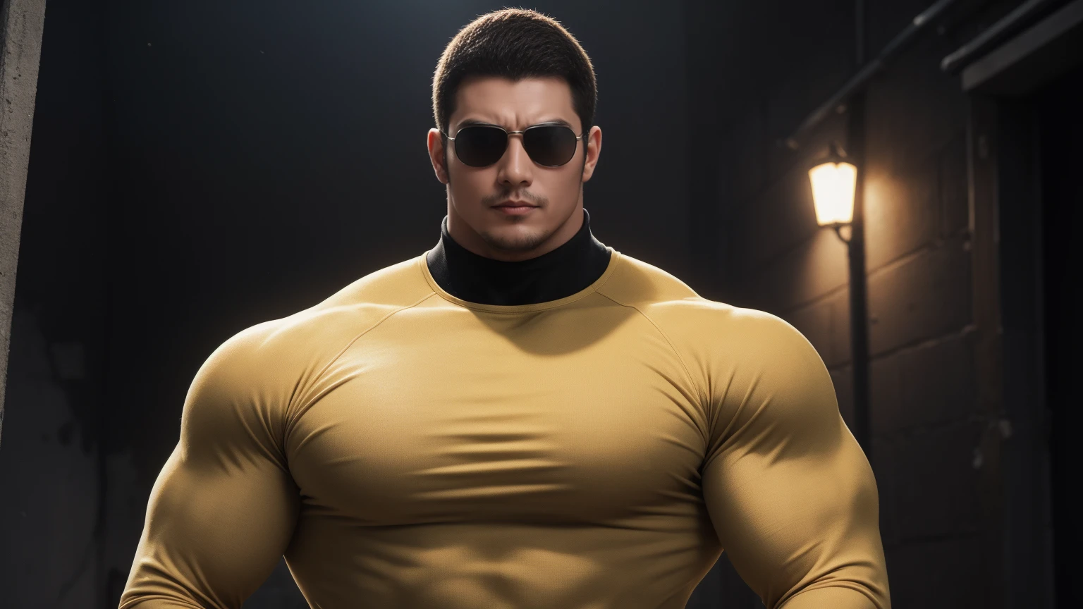 Super muscular man hugging, Sad eyes,Wear sunglasses,They embrace affectionately,short hair,On a vintage outdoor street under the hot sun, Wear long sleeves, Deep turtleneck bodysuit, Thickened warm elastic texture,The clothes are dirty,There are mud stains,Looks sad, Thick thighs, messy hair, Thick thighs, High target-necked long-sleeved dark yellow high-necked tights, very tight, Regular symmetrical pattern, High targetlight muscles, Police uniform pants, character concept(Resident Evil - chris redfield, chris redfield)A proud expression, Deep and charming eyes, Valiant male pose, tall Burly, muscular!muscular thighs, Tough Guy, Perfect facial features, High target, Burly, Heqiang, Super exquisite and cool, High target Resolution Committee, Attractive, The sun is blazing, Dazzling