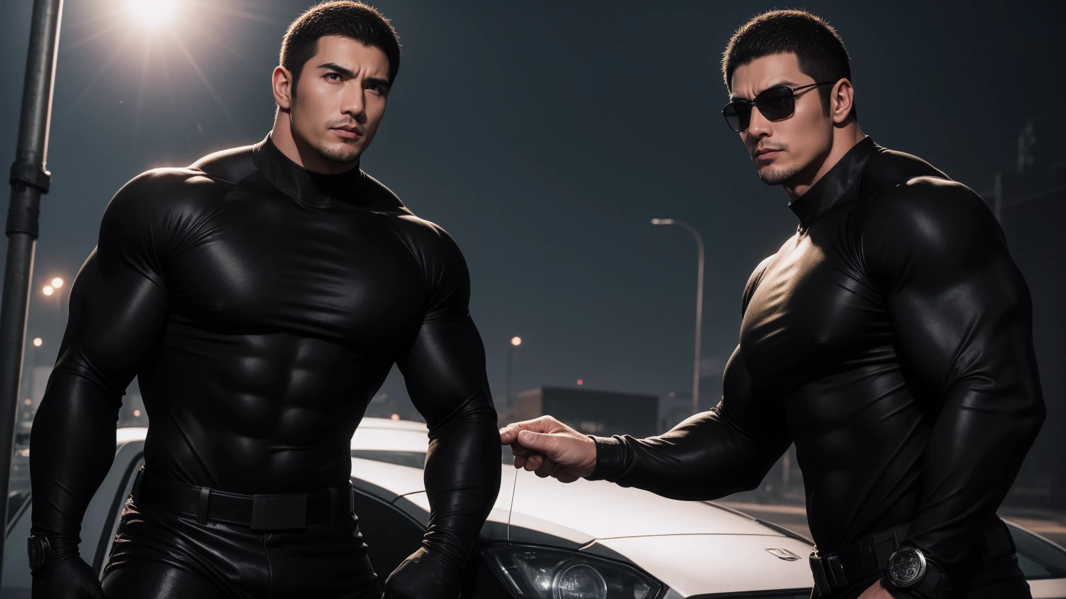 Super muscular man hugging, Sad eyes,Wear sunglasses,They embrace affectionately,short hair,On a vintage outdoor street under the hot sun, Wear long sleeves, Deep turtleneck bodysuit, Thickened warm elastic texture,The clothes are dirty,There are mud stains,Looks sad, Thick thighs, messy hair, Thick thighs, High target-necked long-sleeved dark yellow high-necked tights, very tight, Regular symmetrical pattern, High targetlight muscles, Police uniform pants, character concept(Resident Evil - chris redfield, chris redfield)A proud expression, Deep and charming eyes, Valiant male pose, tall Burly, muscular!muscular thighs, Tough Guy, Perfect facial features, High target, Burly, Heqiang, Super exquisite and cool, High target Resolution Committee, Attractive, The sun is blazing, Dazzling