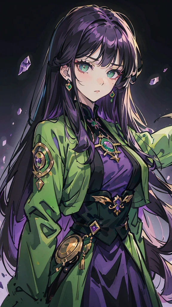 Woman , long hair, long dark purple hair, hime cut hairstyle, hime cut hairstyle, green eyes, emerald eyes, FOV, f1.8, masterpiece, front portrait shot, black and dark purple casual clothing, plain dark purple colored background, serious expression, front full bangs, siren eyes, cat-shaped eyes