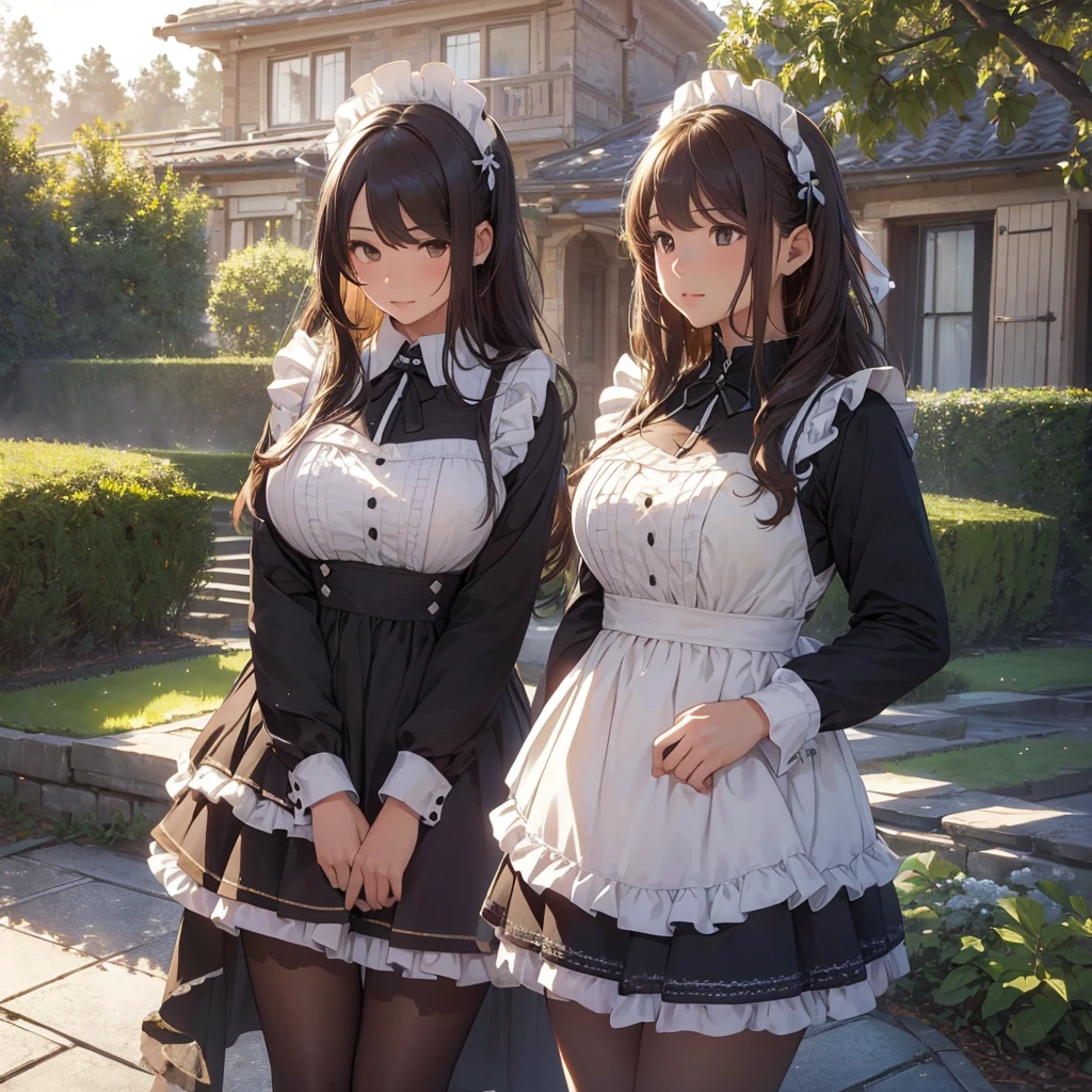 masterpieces,best quality,(ultra_detailed),3D,(realistic:1.9),(photorealistic:1.9),(light falloff at edges:1.9),shallow depth of field,sensual girl,in garden,at morning,western‐style house in the background,plump,(brown _pantyhose,)wavy long hair,built bangs,drooping eyes,wide-set eyes,lovely round eyes,looking away,round face, (maid costume),