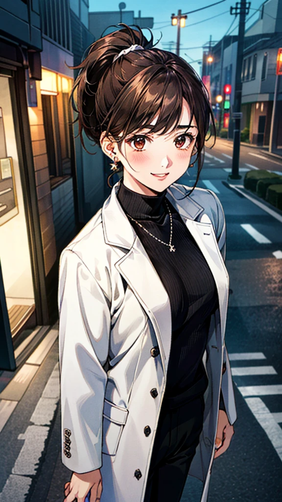 (masterpiece:1.3, Highest quality, Ultra-high resolution, Super detailed), (Realistic, photoRealistic:1.4), Beautiful illustrations, Perfect lighting, colorful, Depth of written boundary,
Beautiful detailed hair, Beautifully detailed face, Beautiful fine details, Beautiful clavicle, Beautiful body, Beautiful breasts, Beautiful thighs, Beautiful feet, Beautiful fingers,
View Viewer, Front view:0.6, 1 girl, Japanese, Female college student, Perfect Face, (Perfect Anatomy, Anatomically correct), Cute and symmetrical face, Baby Face, , Shiny skin,
((White coat)).((Black turtleneck sweater:1.4,)) ((pants:1.4)),(pumps:1.2)
(Dark brown hair, ponytail:1.4), Dark brown eyes, (Large Breasts), thin,
necklace, (Small earrings:1.3),
(Retro feel), (night), (Street Corner), Are standing, (smile, Open your mouth a little),