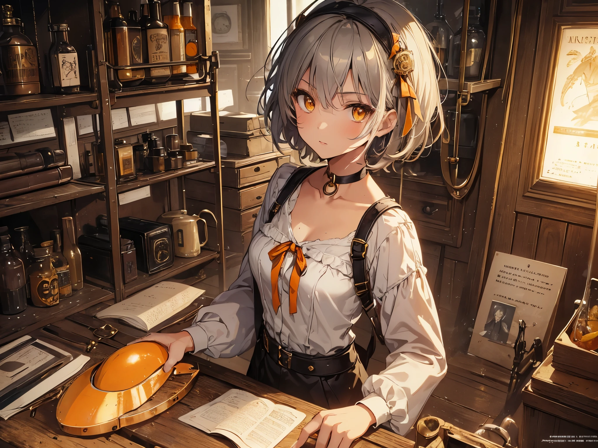 masterpiece, Highest quality, Perfect Face, Highest Resolution, Highest quality,Detailed depiction of the eyes, 1 girl, young, slender body, Short, deep tan skin, slate gray hair, short hair, upturned eyes, Yellow Orange eyes, Perfect Anatomy, steampunk, ribbon choker, Work clothes, Vintage goggles, factory