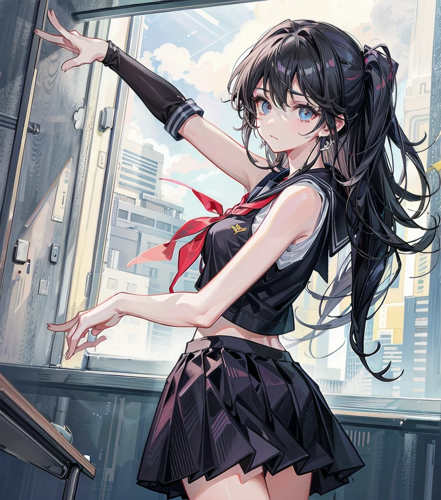 whole body, earring, medium hair, medium tits, tearful mole, school_uniform, sailor uniform, sleeveless, school, classroom,