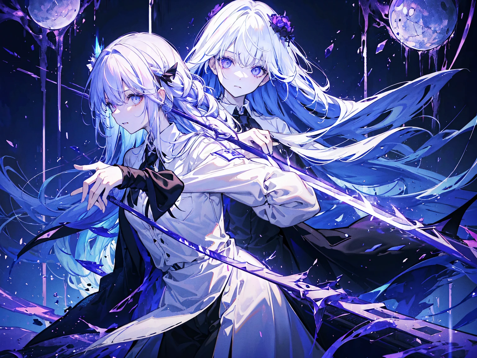 Wearing Darkness、1 personの女の子、White long hair、Purple left eye、blue right eye、wields the sword of darkness、闇のaura、Black Light、Rainbow light、Black long coat、White shirt、Black tie、Long trousers、suit、、1 person、Fantasy、aura、whole body、high resolution、High resolution、Detailed、8k、Many shining swords are stuck in it、cool、Girl、Magic Sword、Magic circle in the background、Scary face、Expressionless、Light comes out of the eyes、Standing in the wilderness with the sword piercing、Cool face、Left hand in pocket、