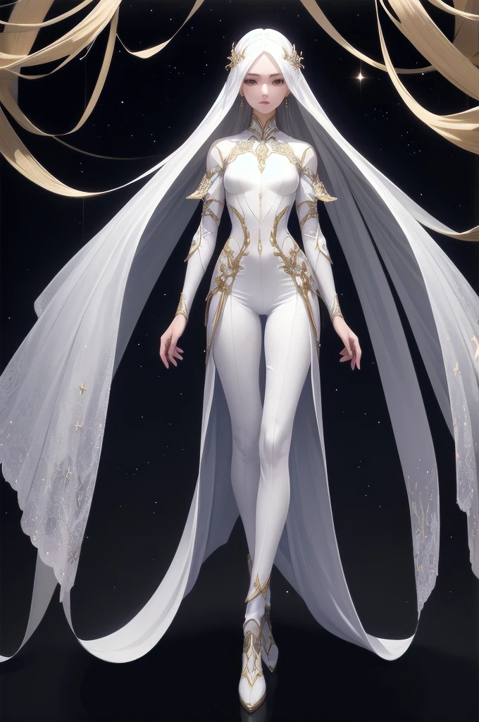 beautiful void goddess, Wearing white transparent clothes, standing under the empty night sky, Disappearing transparent pants, Full body standing, Tall stature, Long legs, Facial details, Detailed body part details, 8k wallpaper, Great Artwork