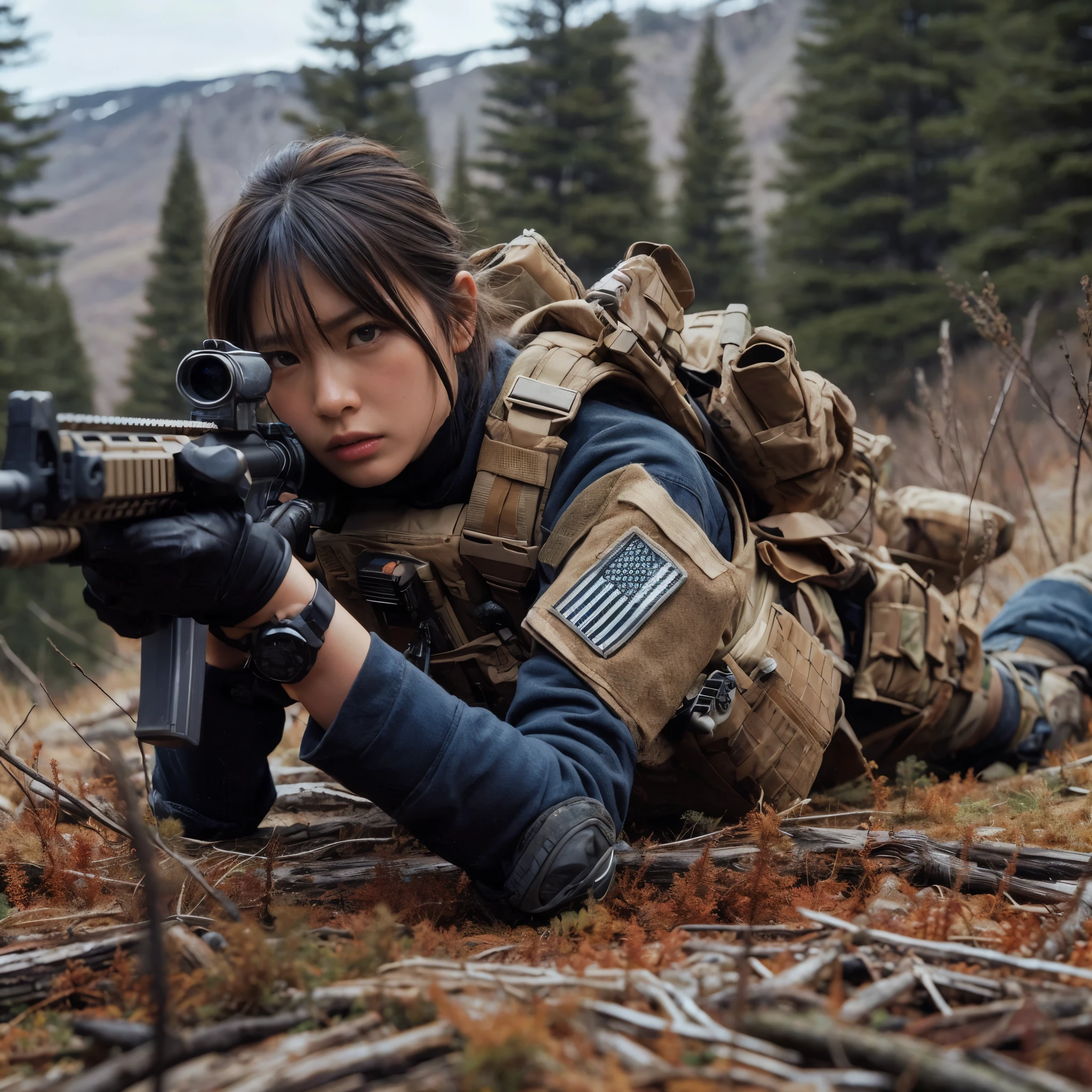 8k,Realistic Photo、Realistic Skin Texture、Superrealism、Japanese women in the US Special Forces、In the mountainous regions of America、Comes with accurate and detailed equipment、coniferous forest、Gunfight、Counterattack while prone、Bulletproof vest、Accessories such as watches、Military Pants、Angry expression