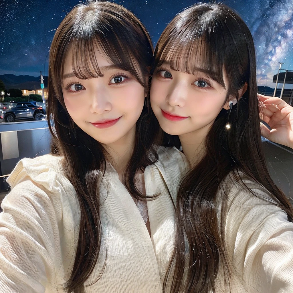 (NSFW),(Beautiful starry sky)、masterpiece、(Belly-baring fashion、headphone)、(Super big breasts、valley)、(Double eyelids、Tear bags、Long eyelashes、Big, round eyes),bangs、Beautiful 20 year old woman、a japanese beautihul girl、kolian makeup,(black long hair),highest quality, figure, Very detailed,Natural color lip, A shy smile