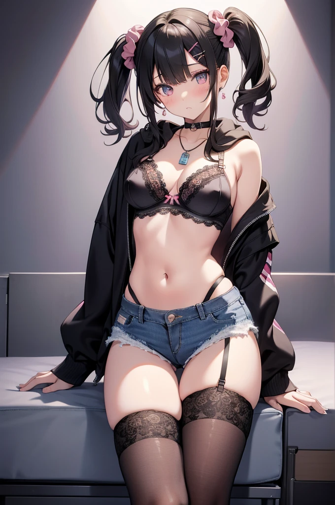 masterpiece, Highest quality, pretty girl, 16 , Scrunchie hair ornament, Twin tails,Big nipples,denim pencil mini skirt,hoodie, Patterned stockings, Leg belt, necklace, skinny , Pink and black padded bra,((showing off lace panties)),(The nipples are visible through))