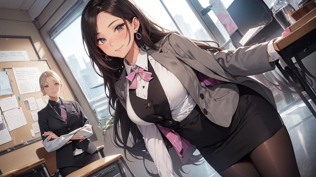 ((((1ladyl,)))) (masterpiece), (realistic), (best quality), (ultra-detailed), amazing 30 years old wife, pantyshot, long brown hair, office lady, Wearing a pink plaid vest, White short sleeved shirt, Gray pencil skirt, Wear stiletto heels, Necklace, earrings, Cute face, Smile, Blushing, Shyness, Glass wall, Ultra Detail, Realistic, Front view, Whole body, (wearing in [[white and gray check pattern]] Vest worn over white collared long-sleeved shirt:1.4), (gray vest with buttons:1.2), (Pink Theme:1.2), (blue ribbon ribbon:1.3), (Black theme:1.4), (Tight black pencil skirt:1.5), ((Brown pantyhose)), (high-heels:1.1),Create an illustration of a young, fashionable mother attending a school event. She has a fuller bust and exudes confidence. Her attire consists of a sleek black suit, perfectly complementing her figure, paired with brown stockings and chic black loafers. Her accessories are understated yet elegant, featuring subtle earrings and a necklace. Her hair is styled in a neat ponytail, and her makeup is natural, highlighting her features with a radiant glow. Her expression is captivating, characterized by a mysterious and alluring smile. The setting is a classroom, filled with the vibrant energy of children and the creative chaos of their artwork