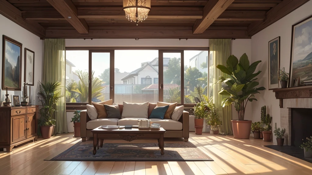 (best quality, 4K, 8K, high resolution, masterpiece: 1.2), Very detailed, (nobody: 1.5), indoor, living room, cozy indoor, Potted plants
