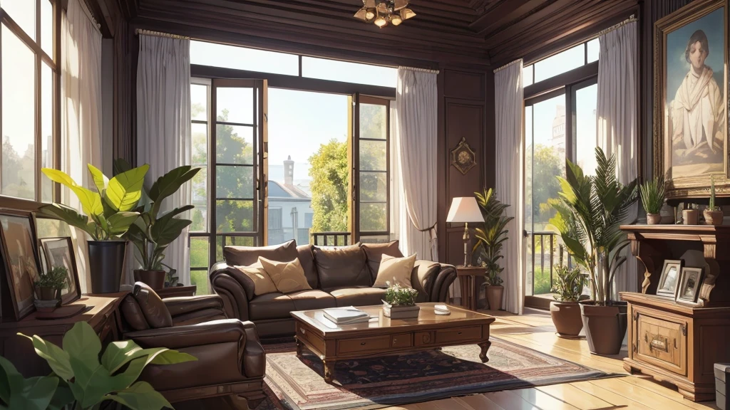 (best quality, 4K, 8K, high resolution, masterpiece: 1.2), Very detailed, (nobody: 1.5), indoor, living room, cozy indoor, Potted plants