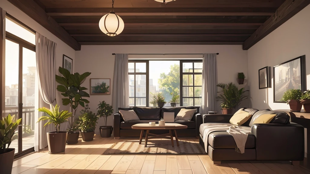 (best quality, 4K, 8K, high resolution, masterpiece: 1.2), Very detailed, (nobody: 1.5), indoor, living room, cozy indoor, Potted plants