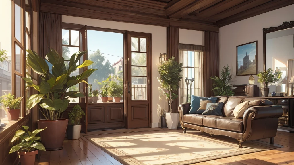 (best quality, 4K, 8K, high resolution, masterpiece: 1.2), Very detailed, (nobody: 1.5), indoor, living room, cozy indoor, Potted plants