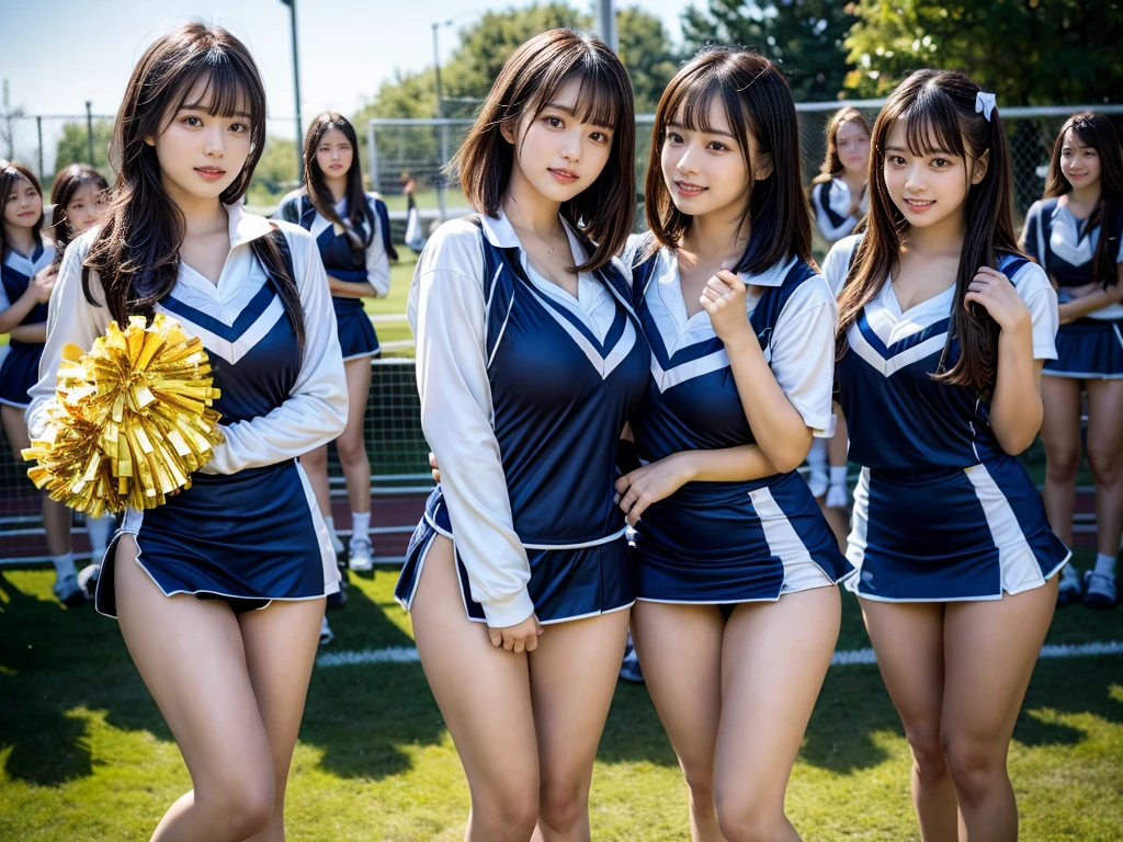 (RAW photo, 4k, masterpiece, high resolution, extremely complex) (realistic: 1.4), cinematic lighting
((2 girls, 2 schoolgirls)),blushing,((innocent)),bright eyes,round eyes,blunt bangs,(short bob hair:1.3),black hair,large breasts,wide hips,Summer Noon, ,Hot, (Best Quality), (Highres), (an Extremely Delicate and Beautiful),(Beautiful 8k face),(Brown eyes),( spectators),(gigantic breasts),(Play with each other,Touching each other's bodies,Touching the body),(cheer girl:1.5),(a miniskirt),(reality),bright lighting,(The background is a luxury hotel room)