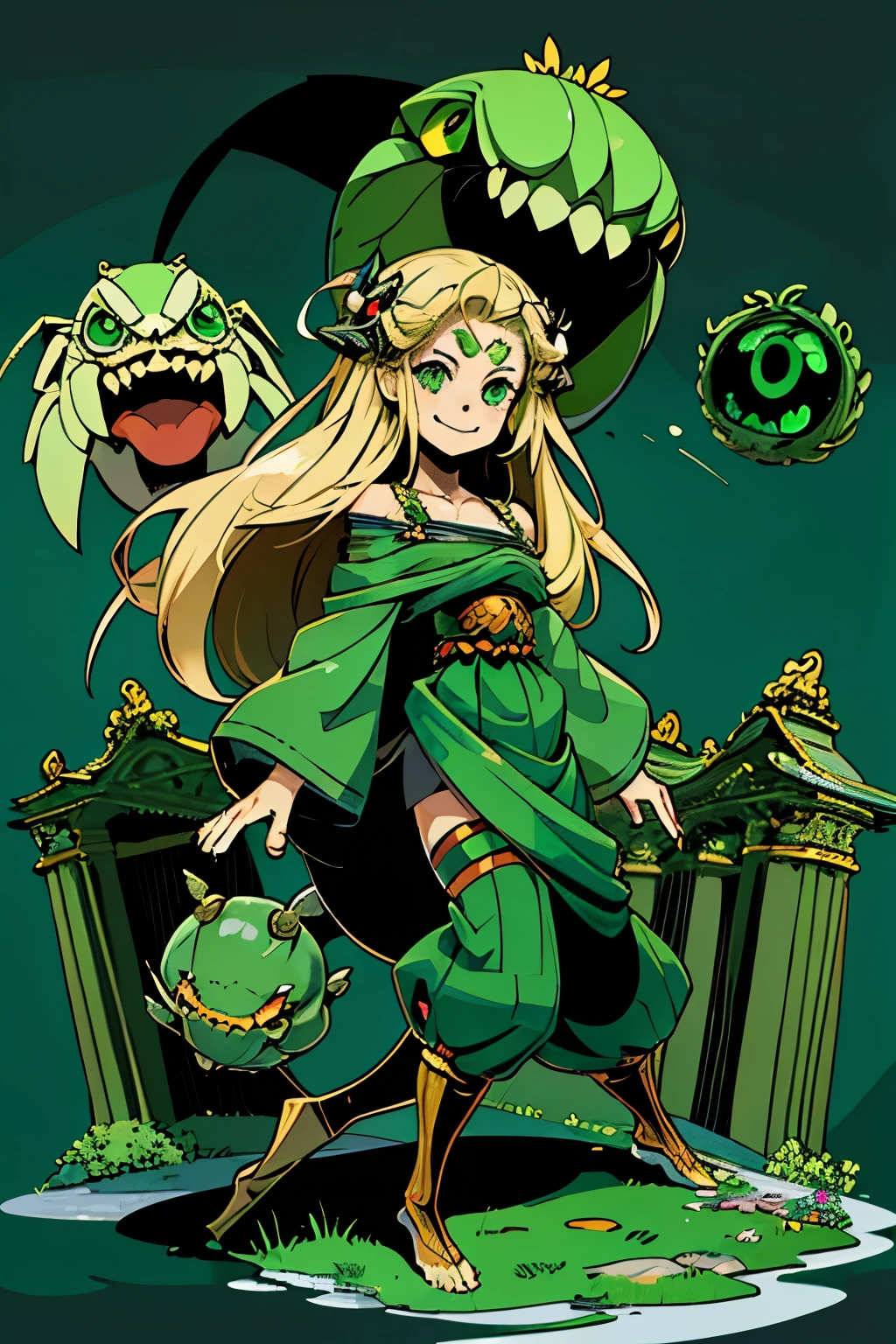 1girl, young, , 6 years i, komusume, blonde long hair, green clothes, green eyes, innocent expresion, smiling, arachnid style, background filled with insects, Tartarus scenery, in Tartarus, surrounded by giant greek columns, main character, hades style, Arachne, spider legs coming from her back