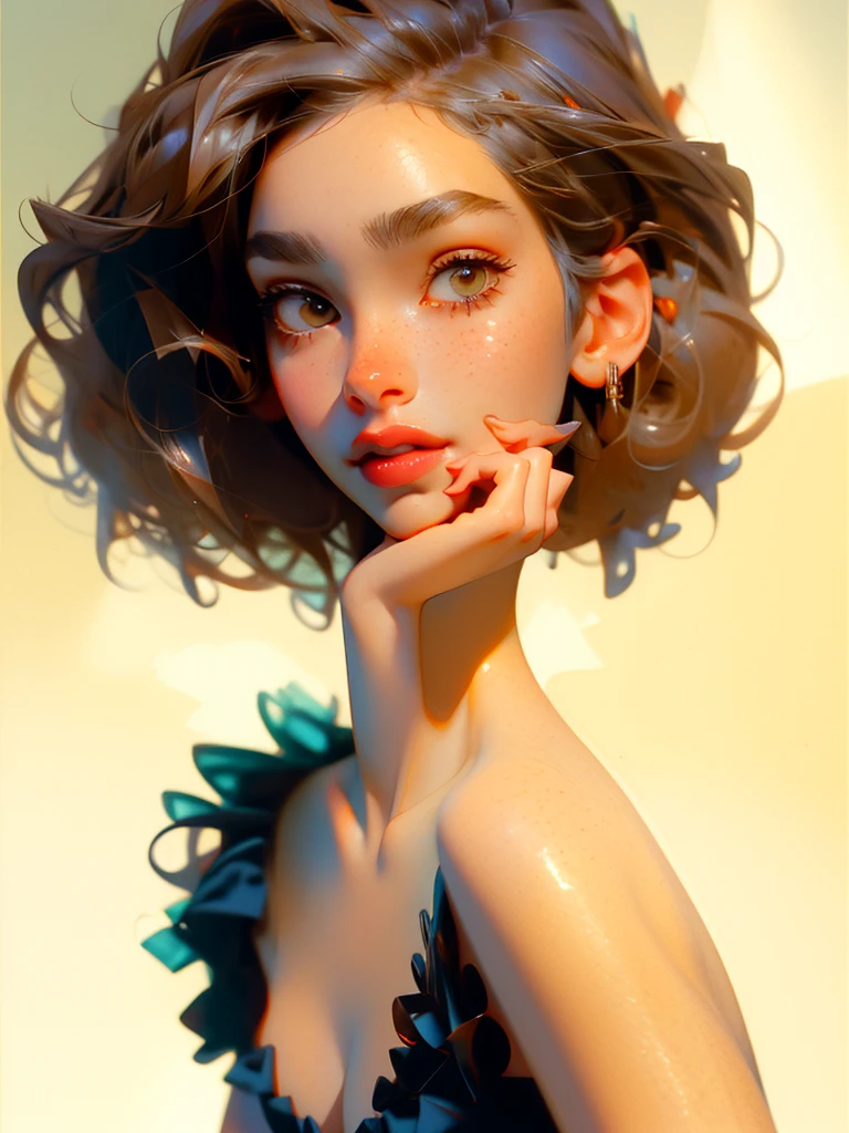 1 female, beautiful, short hair, leaning forward,
detailed face, cleavage,
(best quality, masterpiece, by Bert Stern)