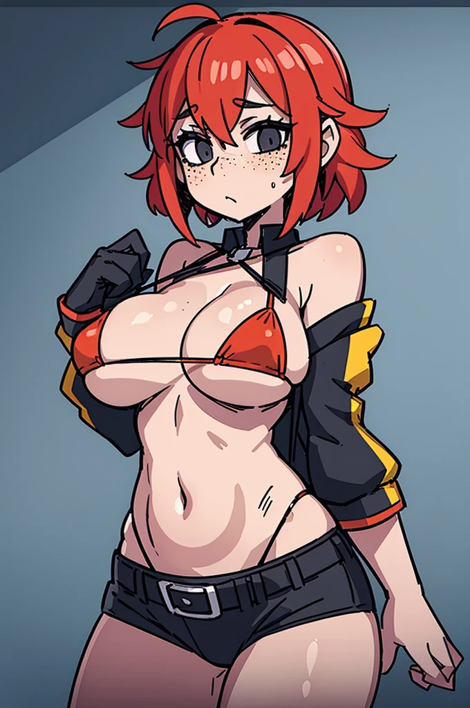 1girls big breasts bikini black eyes female freckles freckles on body freckles on breasts freckles on face freckles on shoulders freckles on thighs hand on hip light skin light-skinned female nipple bulge red hair short hair solo solo female yellow bikini