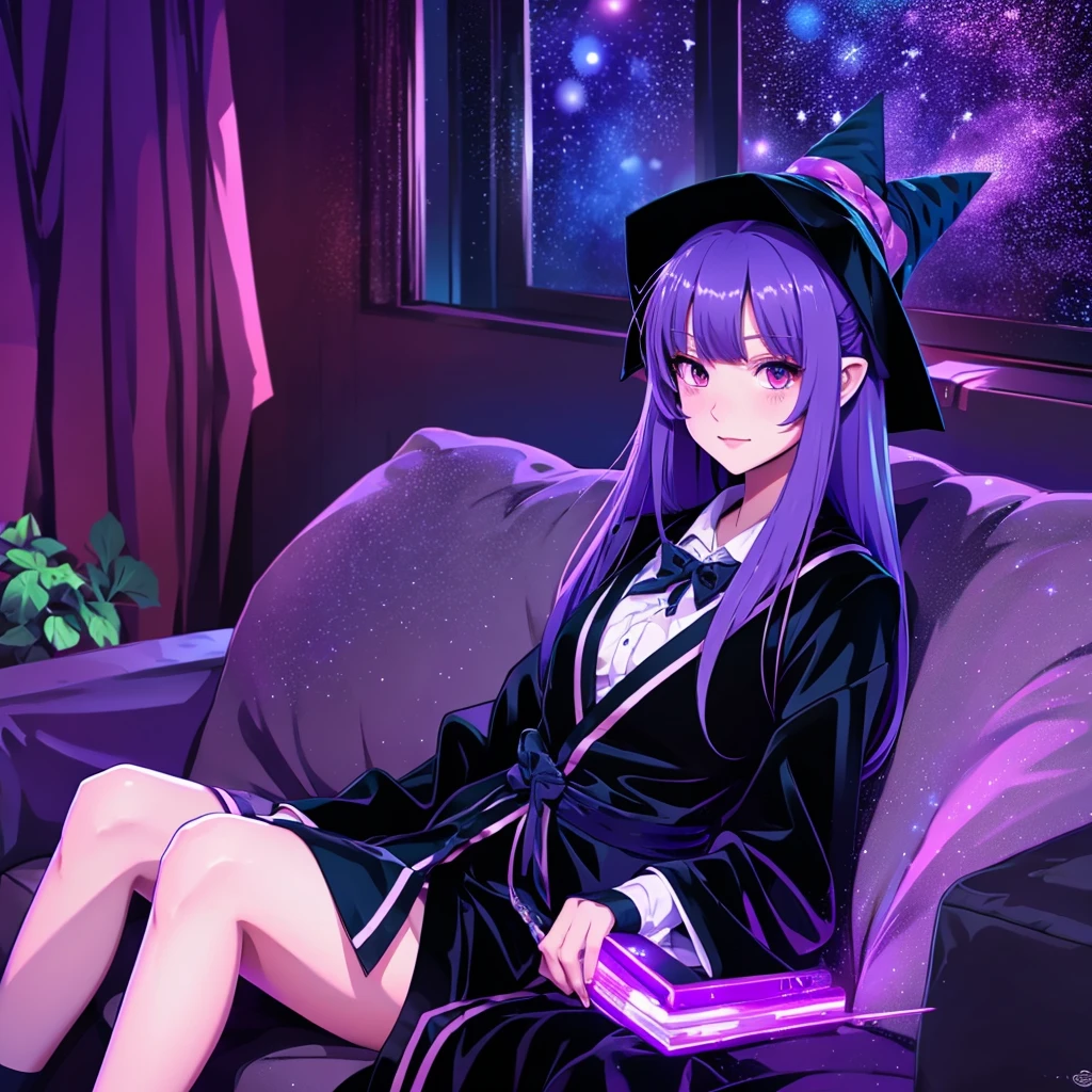 anime girl long purple hair wearing a black Robe. she has pointy ears. Witch Hat. Manga kawaii. iridescent ,An illustration, Sit on the sofa, (no background)