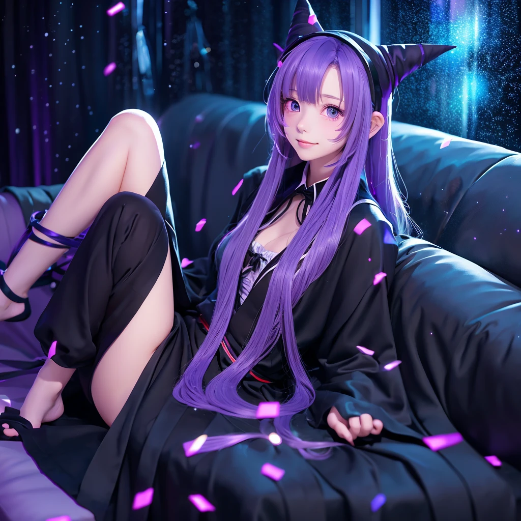 anime girl long purple hair wearing a black Robe. she has pointy ears. Witch Hat. Manga kawaii. iridescent ,An illustration, Sit on the sofa, (no background)