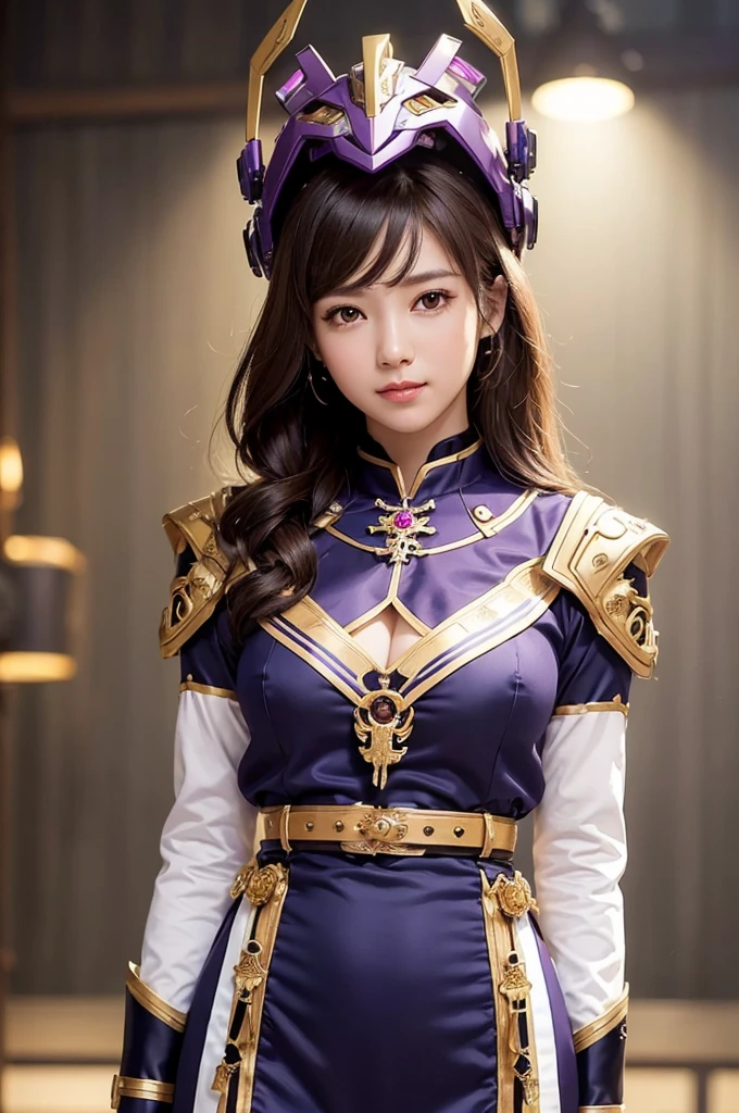 Woman portrait、Highest quality、Rear view、8k,Detailed face, Bright beautiful face,clear, Fine skin、Clear, beautiful eyes、Cleavage、whole body、Curly Hair、My hair was messed up by the wind,The beauty of a smile、(Glamorous Muscle)、,(Hip_superior, Hip superior), Beauty,( Watching the audience),Realistic, High resolution, Soft Light,1 female, alone, Hipアップ, Glowing Skin, (Detailed face), Brown hair,short hair,Fine Skin, Naughty look,((Traditional Vietnamese dress with collar)), (Purple, white and bronze stripes,Sailor-style dress with collar)、Banker Uniform,(Black Mecha,Purple and white steampunk purple and white and bronze steampunk jacket, High-tech Mecha,Gemstone Helmet,wrist cuffs,belt,ascot,High leg)、((arms behind back)),(bokeh),(studio lighting)