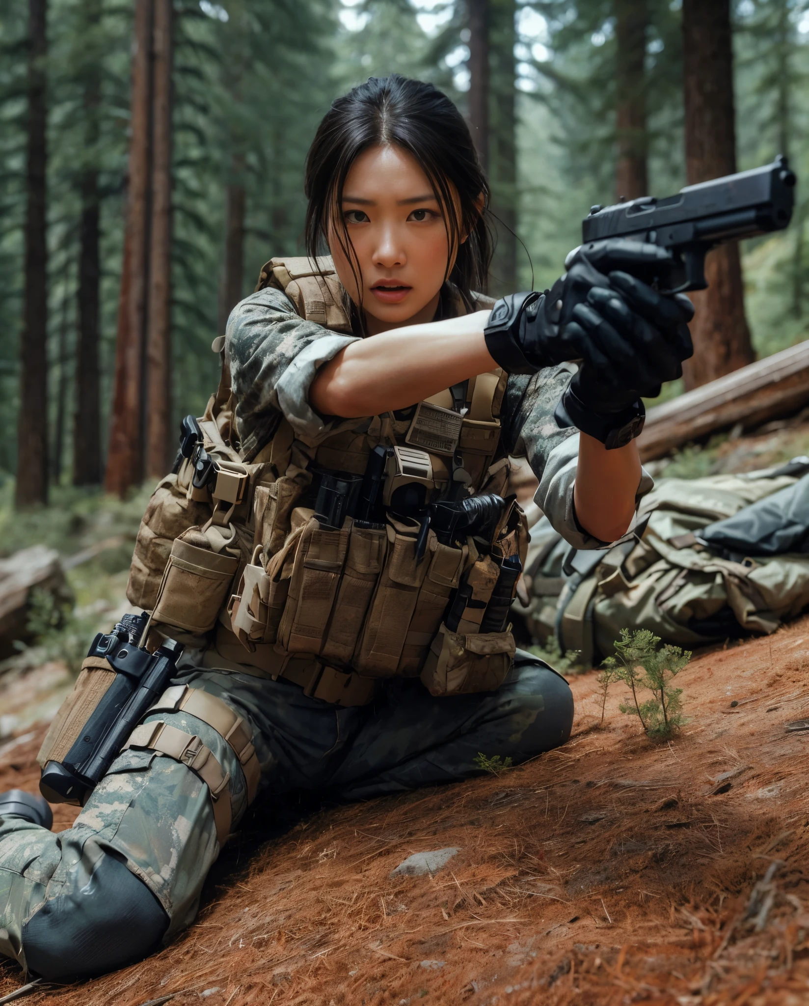 8k,Realistic Photo、Realistic Skin Texture、Superrealism、Japanese women in the US Special Forces、In the mountainous regions of America、Comes with accurate and detailed equipment、coniferous forest、Gunfight、Counterattack while prone、Bulletproof vest、Accessories such as watches、Military Pants、Angry expression