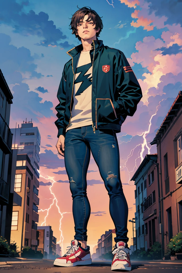 ((illustration)), (best quality)), ((masterpiece)), (detailed), ((lightning)), teenager, solo, 1boy, male focus, black jacket, short hair, black hair, standing, shaggy hair, jeans, sneakers, cityscape, lineart, thick lines, comic cover,