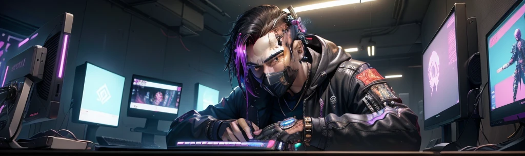 (masutepiece, of the highest quality, Best Quality, Official art, Beautiful and aesthetic:1.2),(Cyberpunk:1.4) Hacker boy with his mouth covered with a black mask and a hacker logo on the left of the mask, ( in front he has his desk , on top of it the PC monitor on the left, ) ( his hands relaxing over the desk) shadow on his face hidding it and making more mysterious