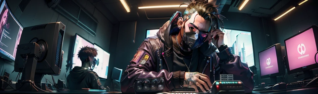 (masutepiece, of the highest quality, Best Quality, Official art, Beautiful and aesthetic:1.2),(Cyberpunk:1.4) Hacker boy with his mouth covered with a black mask and a hacker logo on the left of the mask, ( in front he has his desk , on top of it the PC monitor on the left, ) ( his hands relaxing over the desk) shadow on his face hidding it and making more mysterious