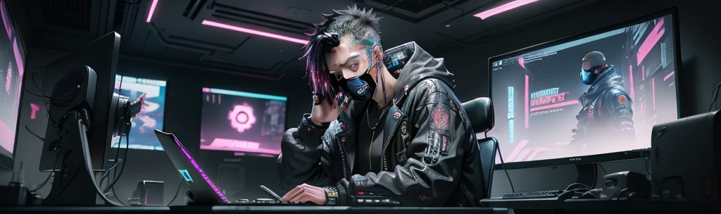 (masutepiece, of the highest quality, Best Quality, Official art, Beautiful and aesthetic:1.2),(Cyberpunk:1.4) Hacker boy with his mouth covered with a black mask and a hacker logo on the left of the mask, ( in front he has his desk , on top of it the PC monitor on the left, ) ( his hands relaxing over the desk) shadow on his face hidding it and making more mysterious
