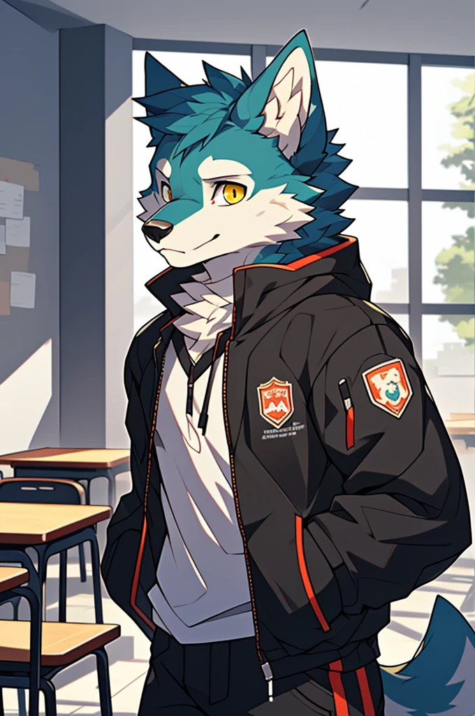 (highest resolution, Dynamic HDR, 4k, full HD) , furry, About 18 years old, Green fur husky dog, green body, yellow_eyes, Random clothes, arrogant, shrink, upper body, round_cornea ,thin ,student