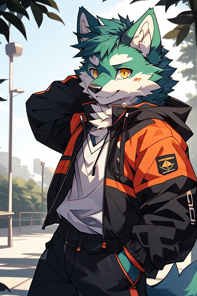 (highest resolution, Dynamic HDR, 4k, full HD) , furry, About 18 years old, Green fur husky dog, green body, yellow_eyes, Random clothes, arrogant, shrink, upper body, round_cornea ,thin ,student