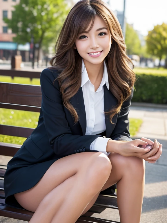 Tabletop, Highest quality, Realistic, Very detailed, finely, High resolution, 8k wallpaper, 1. Beautiful Women,, Light brown messy hair, Wearing a business suit, Short harp focus, Perfect dynamic composition, finelyて美しい目, Thin Hair, Detailed and Realistic skin texture, smile,  Model Body Type、Beautiful legs、Fresh green park bench、smile、