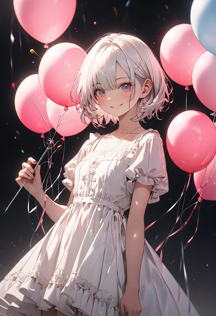 A picture of a girl trying to pop a balloon by pricking it with a needle, a girl with short white hair, wearing a simple white dress Holding a long needle in one hand, she approaches the balloon with a smile,A large pink balloon is in the center of the picture.background black,Suspicious lighting,The texture and luster of pink balloons, (high resolution, high precision image, 4k, 8k:1.2), ultra detail
