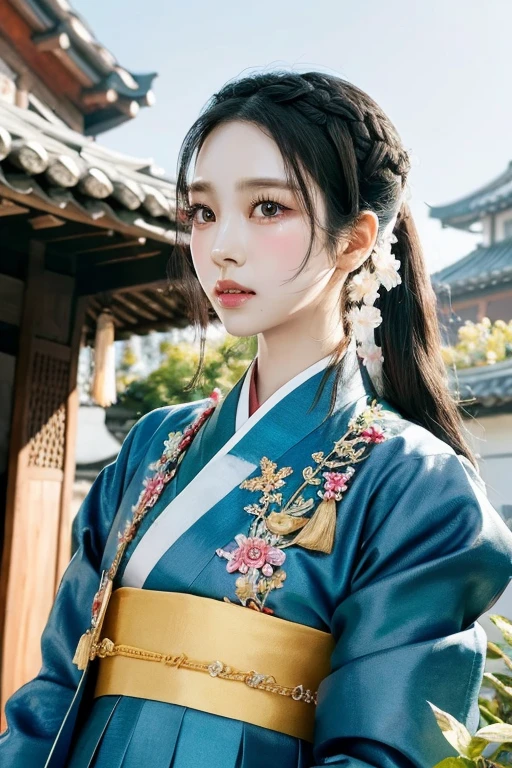 (8k, melhor qualidade, master part: 1.2), (Realistic, Realistic: 1.37), super detalhe, cabelo longo, seios pequenos, olhos bonitos, Asian girl, Antecedentes detalhados, ((looking at the viewer)), background korean classic house, very detailed eyes and face, pale skin, dark hair, korean hairpins, accessories, earrings, hanbok, slim body,, (masterpiece), (detailed), (intricate details), (realistic, photorealistic realistic: 1.37),illustration, very delicate and beautiful, very detailed, full body