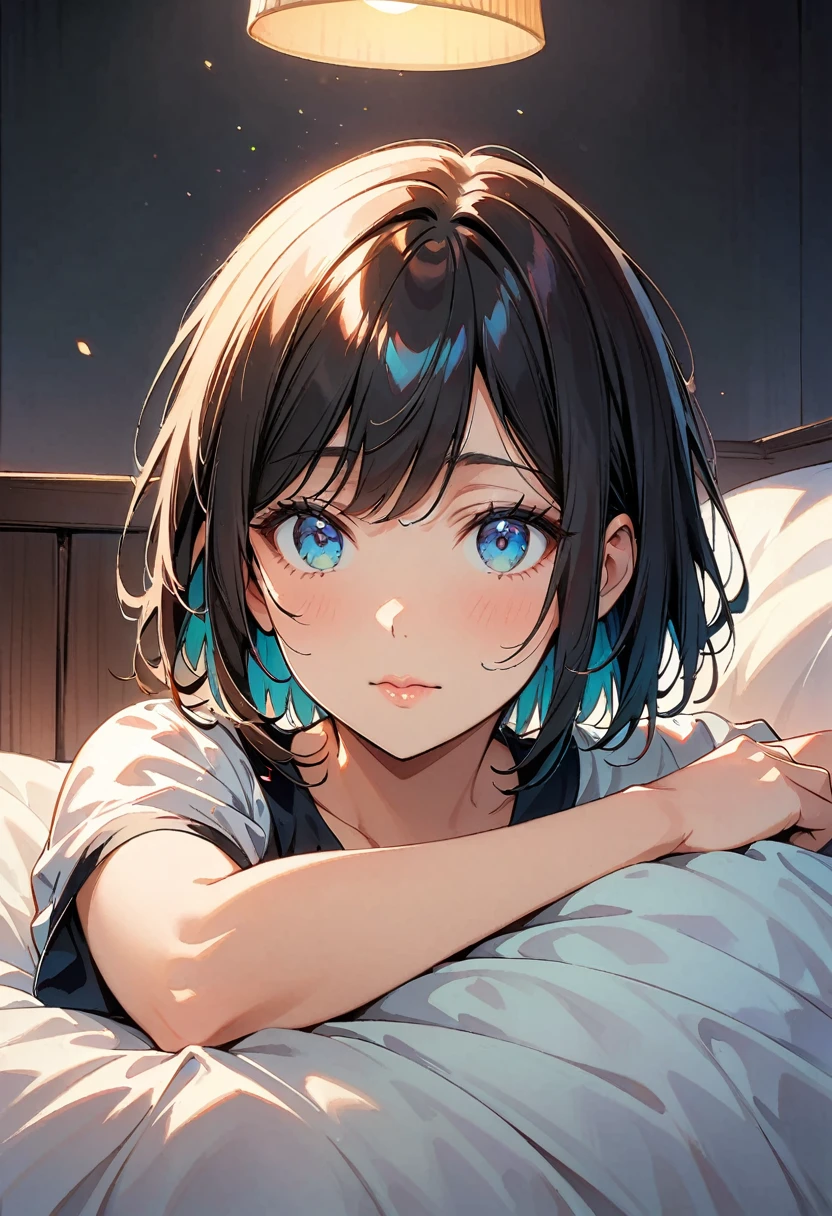 (highest quality:1.2, Comic Artwork, Comic book style, Very detailed, up to date, Vibrant, digital coloring, High Contrast, masterpiece:1.2, Best Quality, Best aesthetics, aya), Beautiful detailed eyes, ((Moist eyes)), Beautiful detailed lips, Very detailed目と顔, Long eyelashes(1girl), Close-up shot, Portrait, Lying in bed, Soft lighting, Calm colors, Graceful pose, Calm expression, Short Hair.