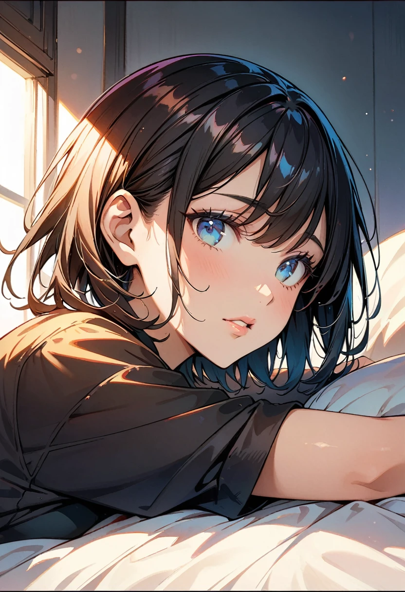 (highest quality:1.2, Comic Artwork, Comic book style, Very detailed, up to date, Vibrant, digital coloring, High Contrast, masterpiece:1.2, Best Quality, Best aesthetics, aya), Beautiful detailed eyes, ((Moist eyes)), Beautiful detailed lips, Very detailed目と顔, Long eyelashes(1girl), Close-up shot, Portrait, Lying in bed, Soft lighting, Calm colors, Graceful pose, Calm expression, Short Hair.