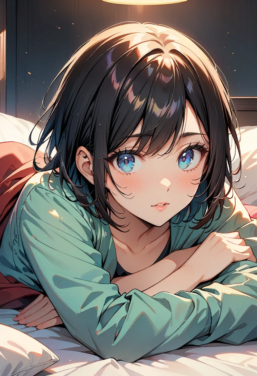 (highest quality:1.2, Comic Artwork, Comic book style, Very detailed, up to date, Vibrant, digital coloring, High Contrast, masterpiece:1.2, Best Quality, Best aesthetics, aya), Beautiful detailed eyes, ((Moist eyes)), Beautiful detailed lips, Very detailed目と顔, Long eyelashes(1girl), Close-up shot, Portrait, Lying in bed, Soft lighting, Calm colors, Graceful pose, Calm expression, Short Hair.