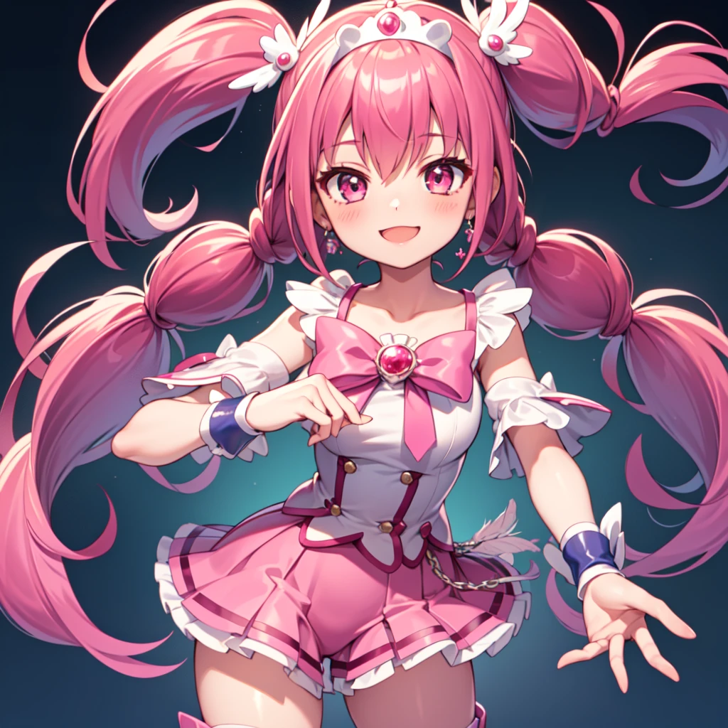 Highest quality, Super detailed, masterpiece, anime, One Girl, alone, Cure happiness, Pink Hair, (Large curls and low twin tails), Feather hair ornament, skirt. tiara, Wrist cuff, (Pink shorts), Pink shorts under skirt, boots, Smile, (Shiny fabric), Cowboy Shot, Pink Gemstones, Are standing, blush, (Beautiful fine details), Highly detailed face, Perfect lighting, Highly detailed CG, (Perfect hands, Perfect Anatomy), Shiny material, Pink ribbon, jewelry, Latex gloss,