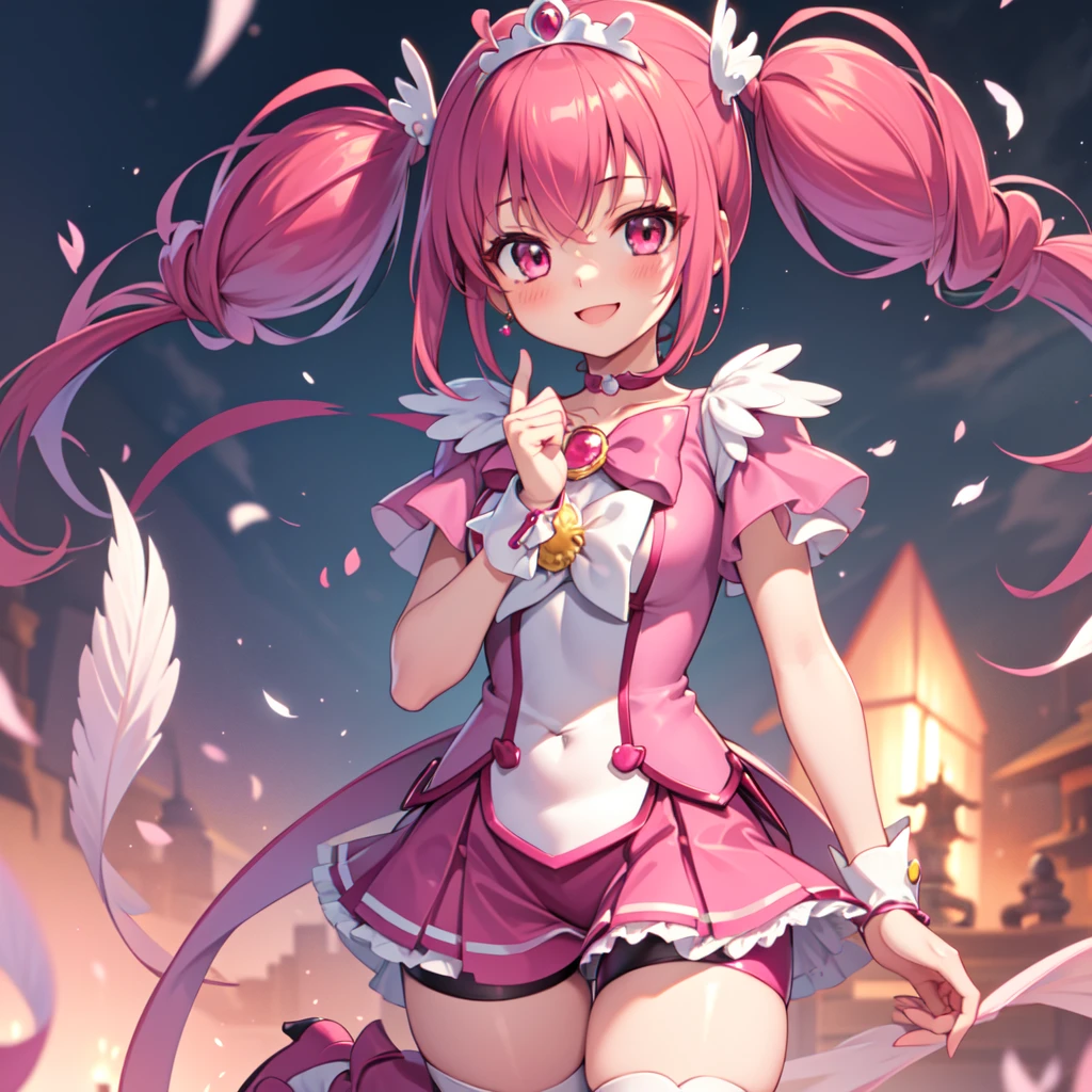 Highest quality, Super detailed, masterpiece, anime, One Girl, alone, Cure happiness, Pink Hair, (Large curls and low twin tails), Feather hair ornament, skirt. tiara, Wrist cuff, (Pink shorts), Pink shorts under skirt, boots, Smile, (Shiny fabric), Cowboy Shot, Pink Gemstones, Are standing, blush, (Beautiful fine details), Highly detailed face, Perfect lighting, Highly detailed CG, (Perfect hands, Perfect Anatomy), Shiny material, Pink ribbon, jewelry, Latex gloss,